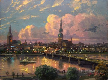 Puesta de sol sobre el paisaje urbano de Riga Pinturas al óleo